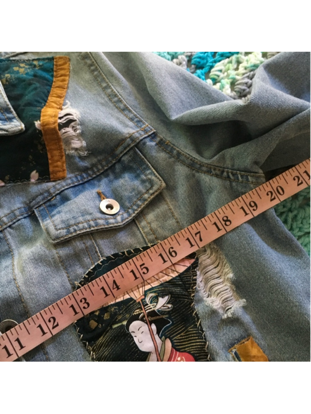 Handmade Upcycled Denim Jacket Geisha Girl Art Kimono XL - Picture 11 of 12